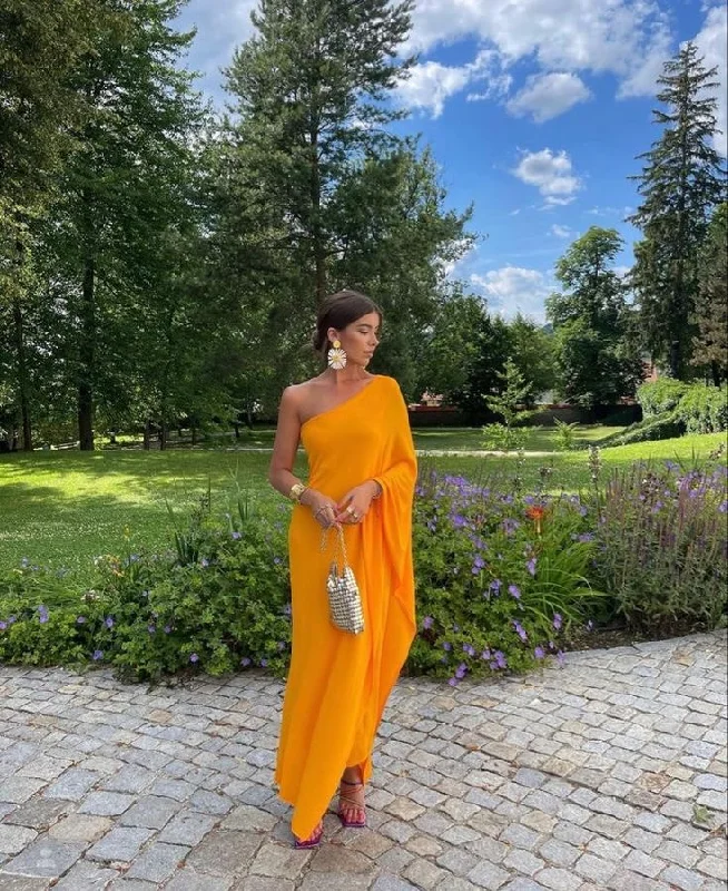 Yellow one shoulder stylish elegant long chiffon ball gown evening dress wedding guest party dress gh3376