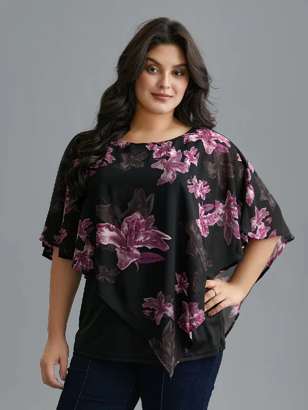 Floral Asymmetrical Sheer Dolman Sleeve Blouse